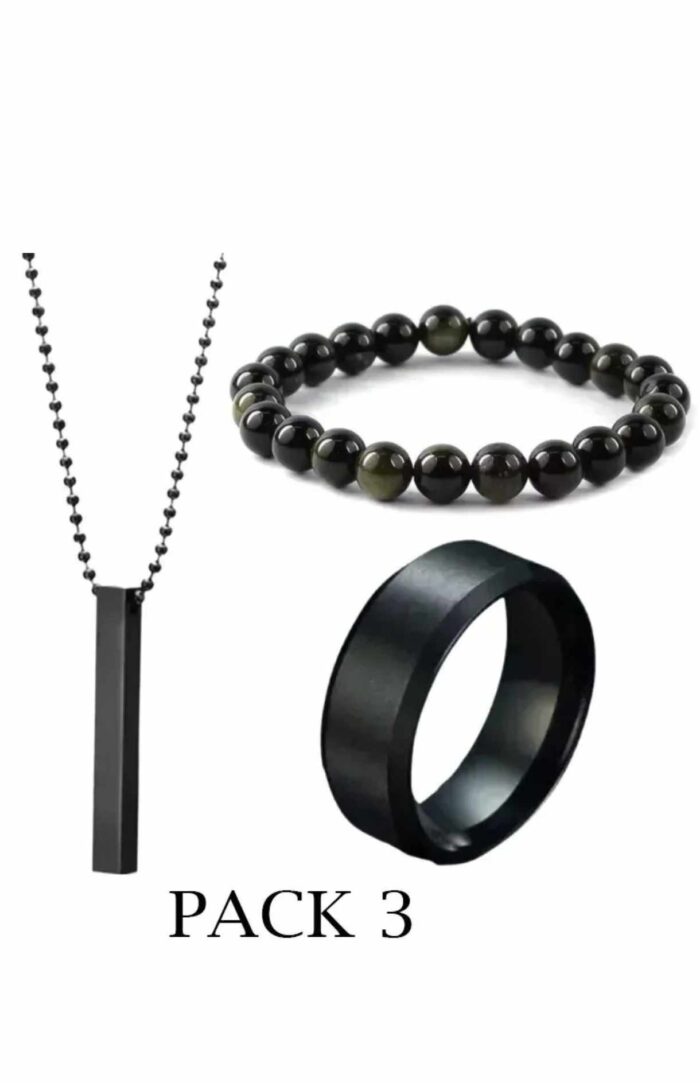 Pack Of 3 Vertical Bar Boy's Pendant, Ring And Bracelet Set, color black - Image 2